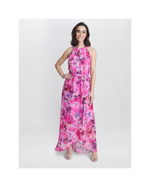 Gina Bacconi Pink Hermione Printed Keyhole Halter Dress
