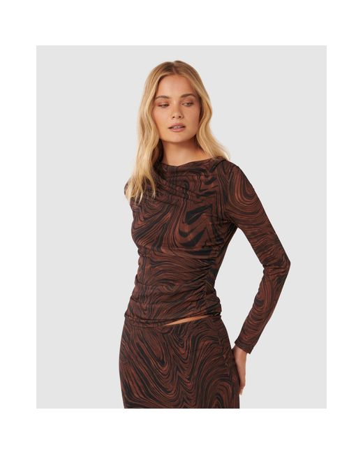 Forever New Brown Zali Ruched Mesh Long Sleeves Top
