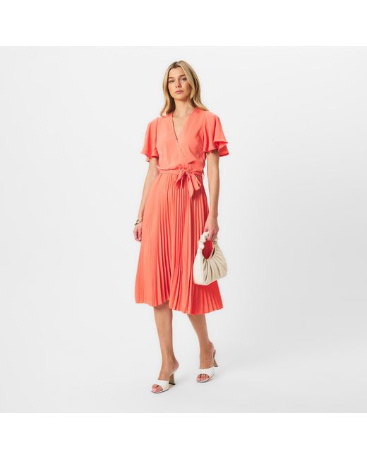 AX Paris Red Pleated Midi Dress With Tie Waist