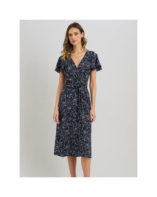 Gina Bacconi Blue Persia Faux Wrap Flutter Sleeve Dress