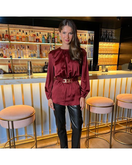 AX Paris Multicolor Satin Long Sleeve Detail Belt Top