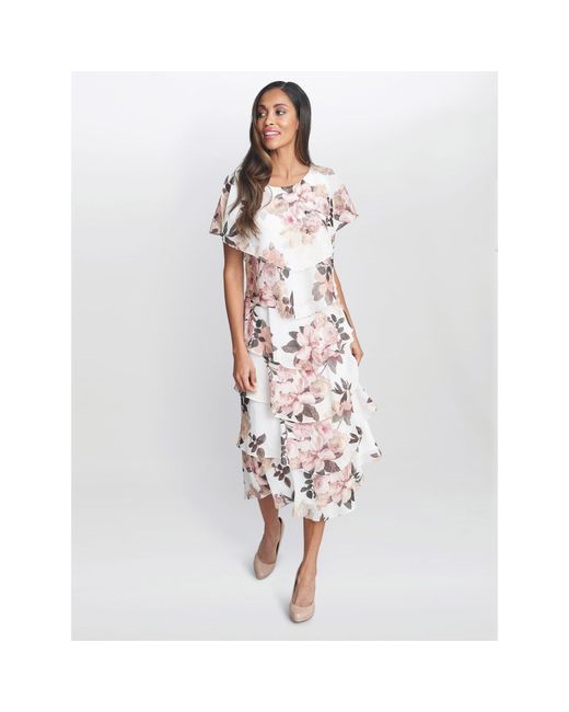 Gina Bacconi White Alice Midi Printed Tiered Dress