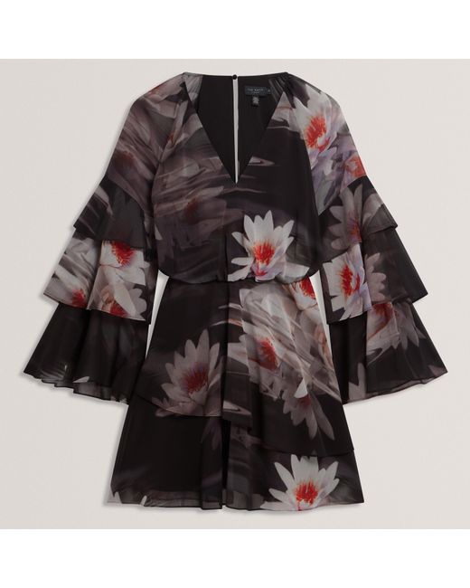 Ted Baker Black Lily Print Frilled Long Sleeve Mini Dress