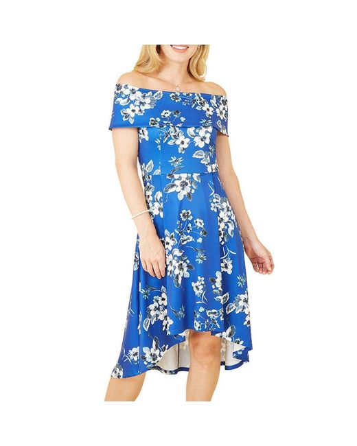 Mela London Blue Floral Bardot Dipped Hem Slip Dress