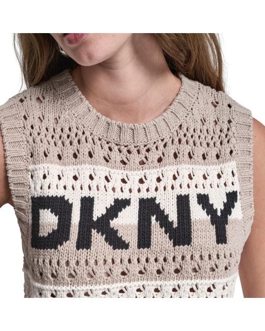 DKNY Gray Jeans Striped Pointelle Stitch Sleeveless Sweater