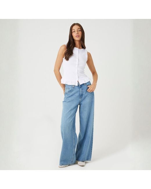 Brave Soul White Bs Crew Neck Button Down Vest With Frill Detail