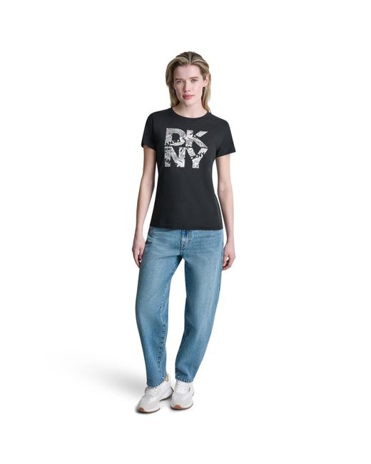 DKNY Black Newsprint Stacked Logo Crew Neck Tee