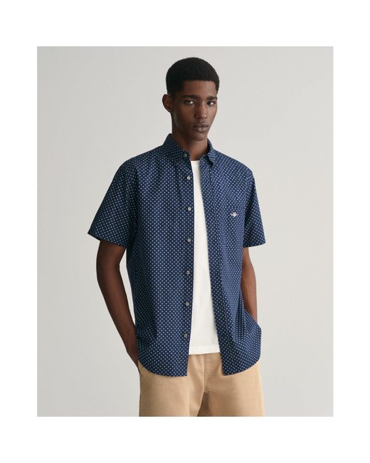 Gant Blue Regular Micro Print Short-Sleeve Patterned Shirt for men
