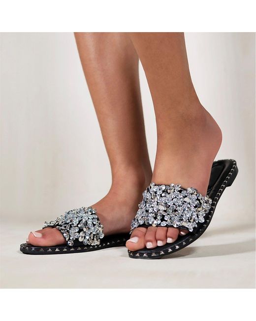 Where's That From Black Diamante Sparkly Flat Sliders