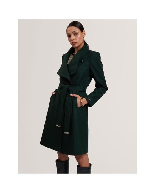 Ted Baker Green Rose Belted Midi Wool Long Sleeve Coat