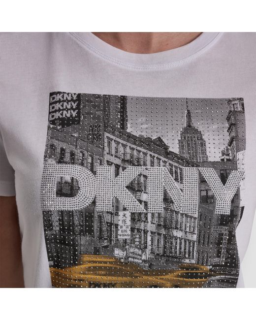 DKNY Gray Rhinestone Taxi Photoreal Logo Crew Neck Tee