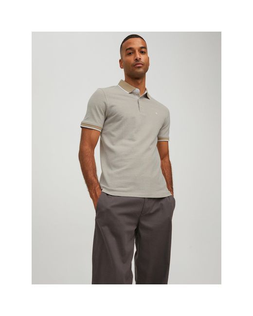 Jack & Jones Gray Paulos Tipped Pique Short Sleeve Polo Shirt for men