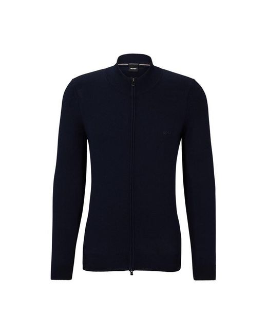 Boss Blue Zip-up Cardigan In Virgin Wool With Embroidered Logo for men