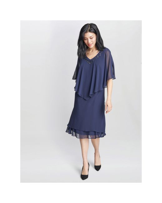 Gina Bacconi Blue Diana V Neck Embellished Dress