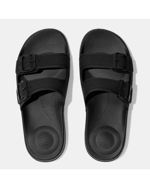 Fitflop Black Iqushion Two-Bar Buckle Sliders