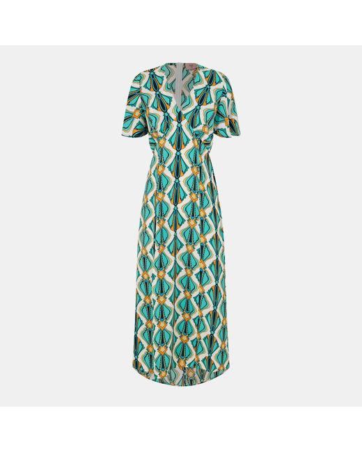 AX Paris Green Print V Neck Tie Detail Short Sleeve Midi Dress