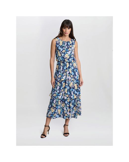 Gina Bacconi Blue Zara Floral Print Plisse Tier Dress