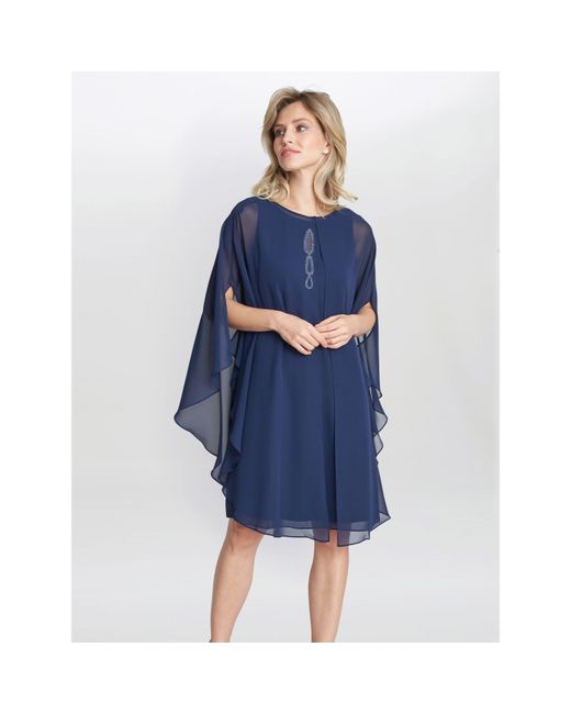 Gina Bacconi Blue Laura Chiffon Cape And Beaded Neck Dress