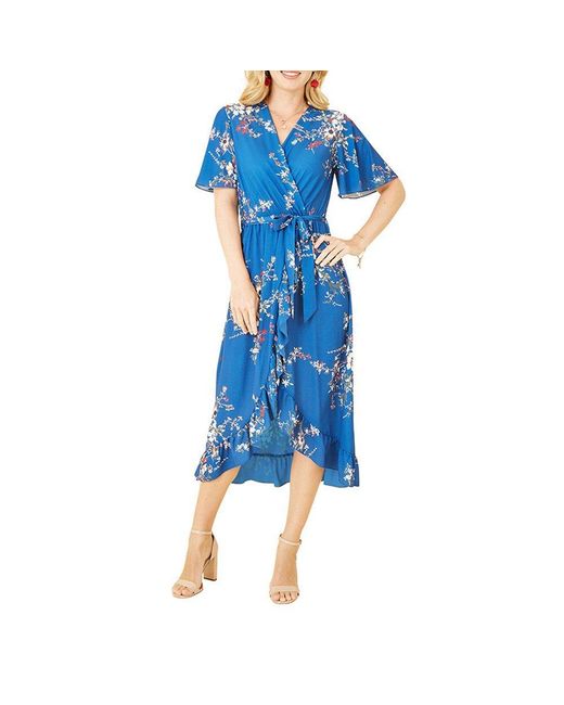Mela London Blue Floral Dip Hem Midi Wrap Dress