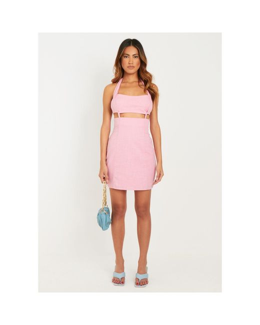 Missy Empire Pink Linen Halter Neck Cut Out Mini Dress