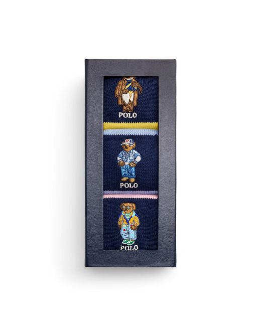 Ralph Lauren Blue Polo Bear Striped 3-Sock Gift Set for men