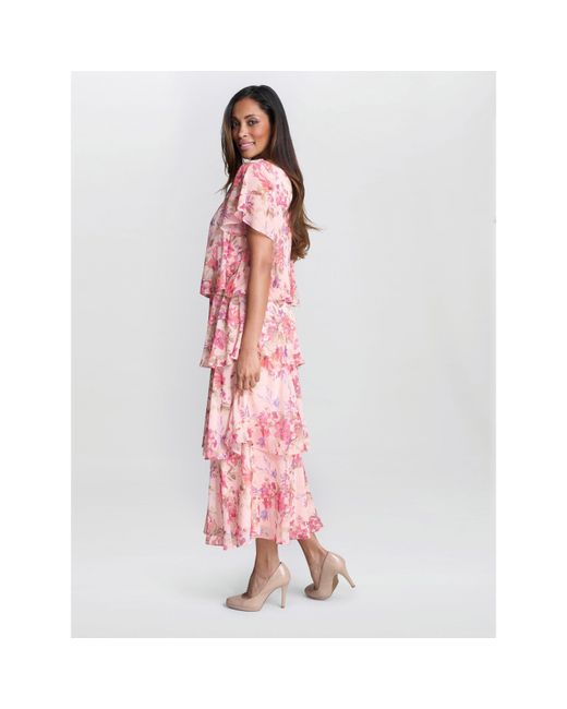 Gina Bacconi Pink Essie Midi Length Printed Tier Dress