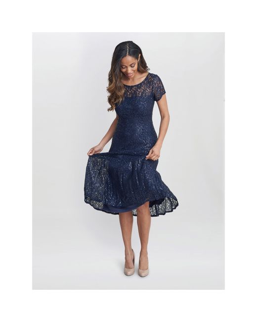 Gina Bacconi Blue Genny Cap Sleeve Midi Sequin Lace Dress