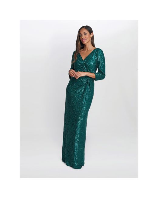 Gina Bacconi Green Jacynda Sequin 3/4 Sleeve Wrap Dress