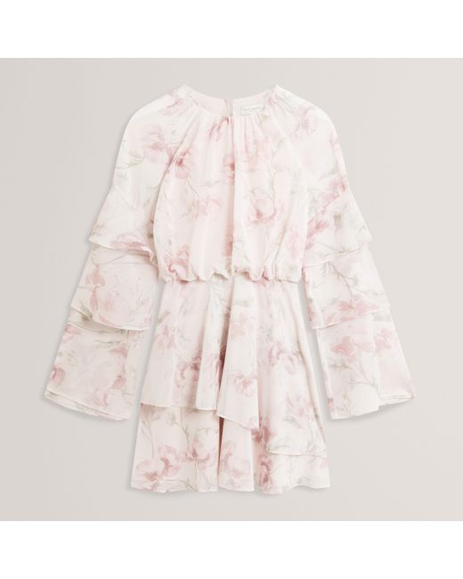 Ted Baker Pink Rose Print Frilled Long Sleeve Mini Dress