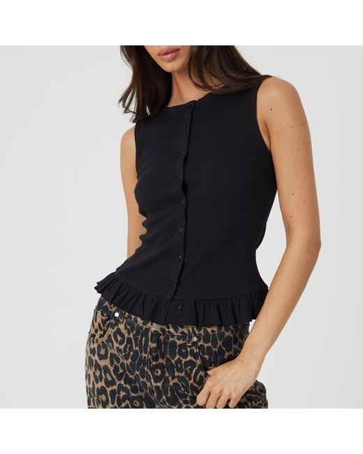Brave Soul Black Bs Crew Neck Button Down Vest With Frill Detail