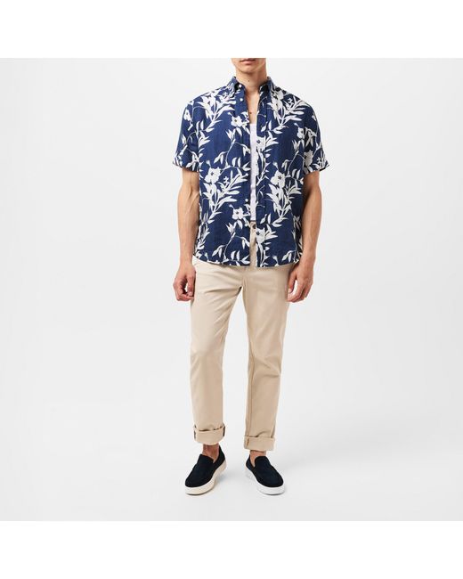 Tommy Hilfiger Blue Linen Tropical Print Short-Sleeve Patterned Shirt for men