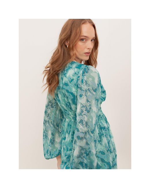Lovedrobe Blue Abstract Print Maxi Sleeve Shirred Empire Waist Mini Dress