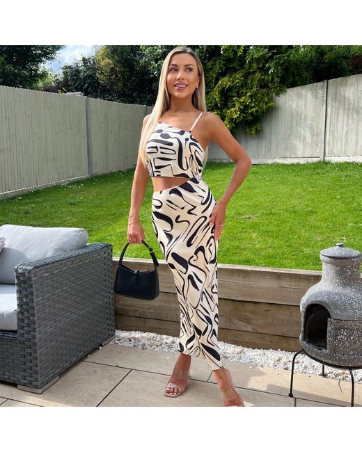 AX Paris Green And Cream Printed Asymmetric Cut Out Midi Dress