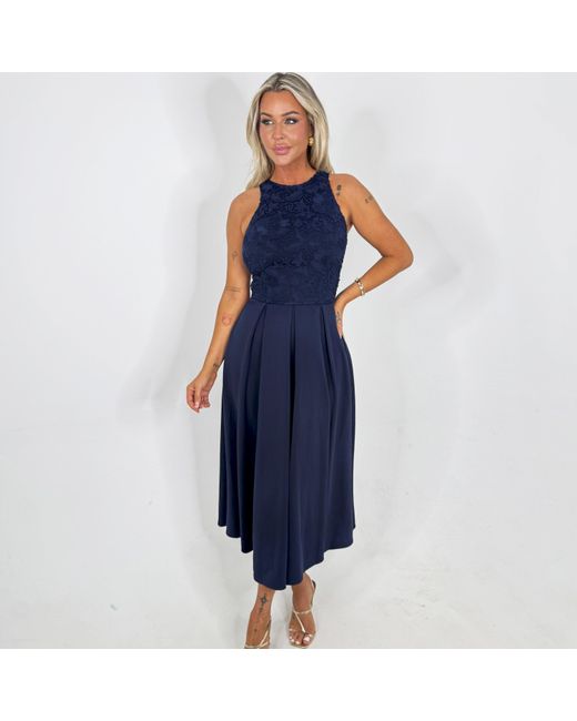 AX Paris Blue Embroidered Top Overlay A-Line Skirt Midi Dress