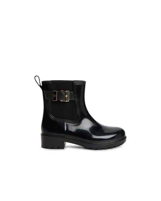Tommy Hilfiger Black Shiny Buckle Cleat Rain Boots