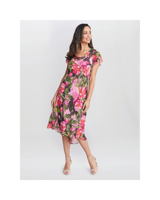 Gina Bacconi Red Ophelia Midi Printed Cowl Neck Dress