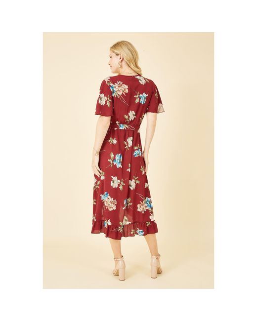 Mela London Red Floral Dip Hem Wrap Midi Dress