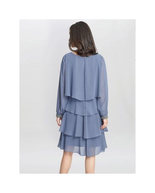 Gina Bacconi Blue Sakura Long Sleeved Tiered Dress