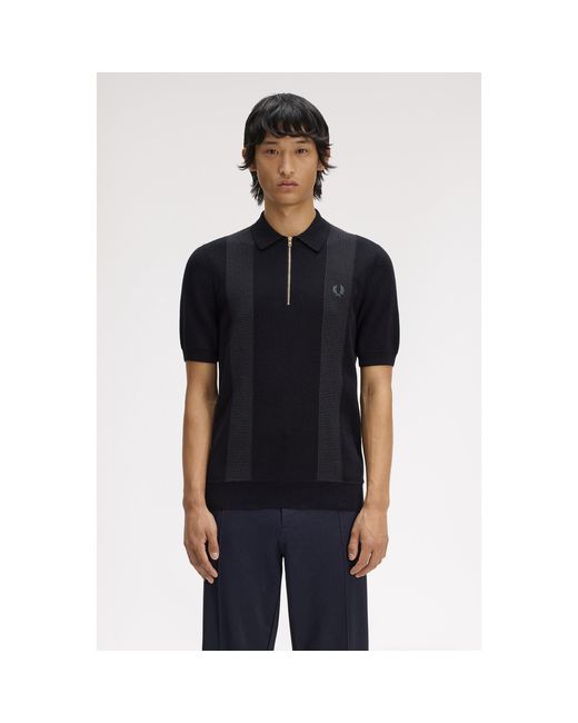 Fred Perry Black Knitted Short Sleeve Polo Shirt for men