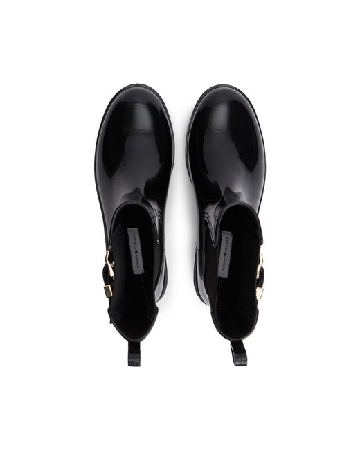 Tommy Hilfiger Black Shiny Buckle Cleat Rain Boots