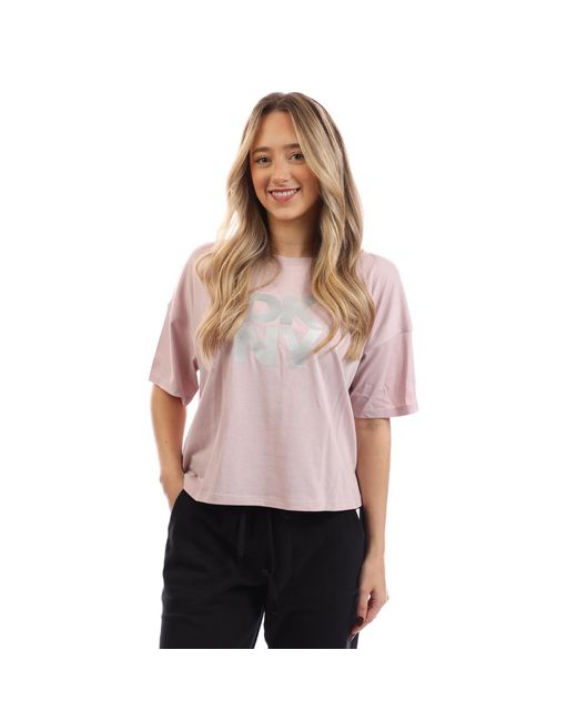 DKNY Pink Foil Logo Cropped T-Shirt