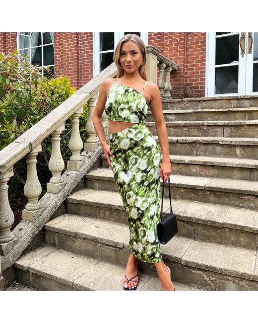 AX Paris Green Printed Asymmetric Cut Out Midi Dress