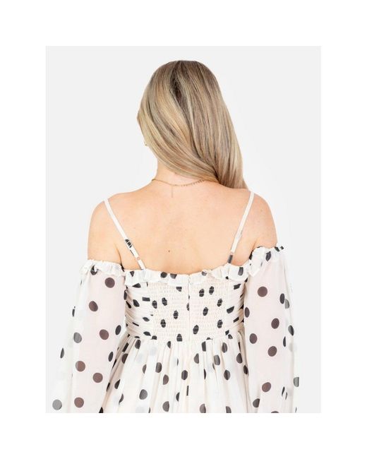 Anaya with love White Recycled Polka-Dot Bardot Maxi Sleeve Mini Dress