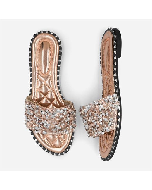 Where's That From Metallic Wheres Diamante Sparkly Flat Sliders