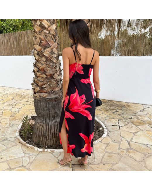 AX Paris Black And Coral Floral Print Strappy Slip Midi Dress