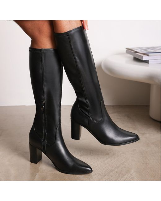 Where's That From Brown Wheres Block Heel Knee High Boots With Stitch Detail