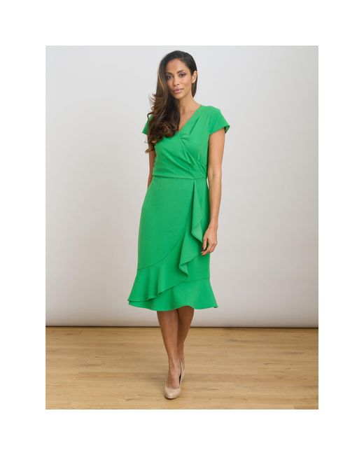 Gina Bacconi Green Marinella Ruffle Hem Crepe Dress