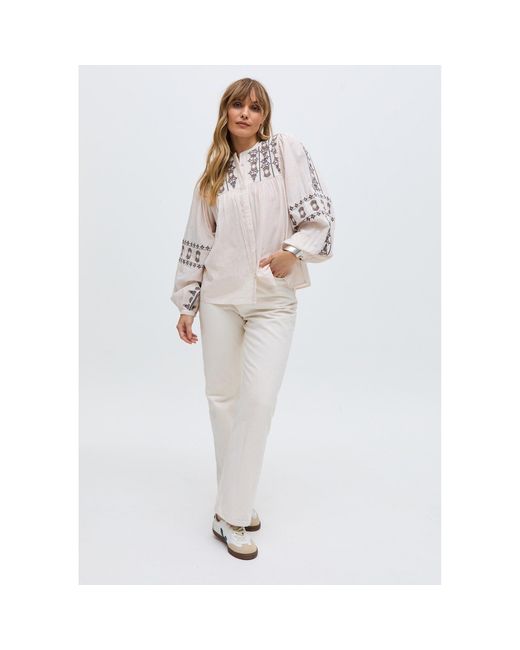 Raffya White Demi Embroidered Ballon Sleeve Shirt