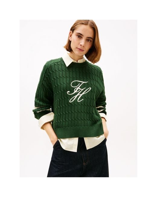 Tommy Hilfiger Green Textured Graphic Cropped Sweatshirt