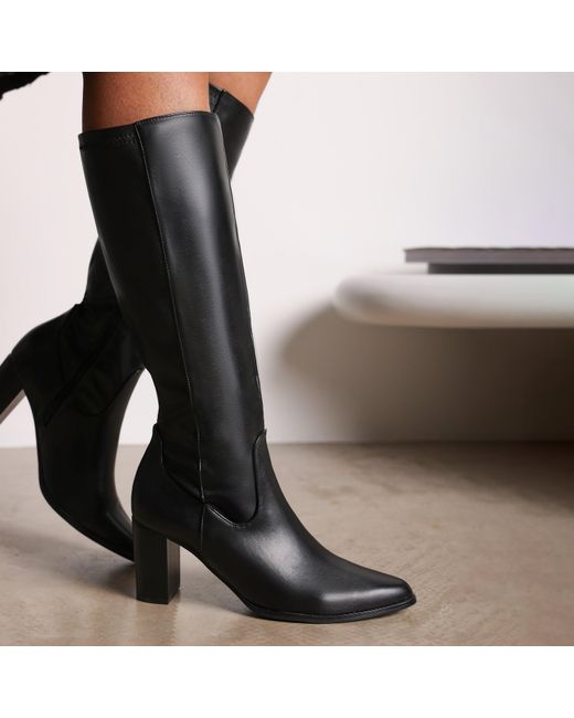 Where's That From Brown Wheres Block Heel Knee High Boots With Stitch Detail